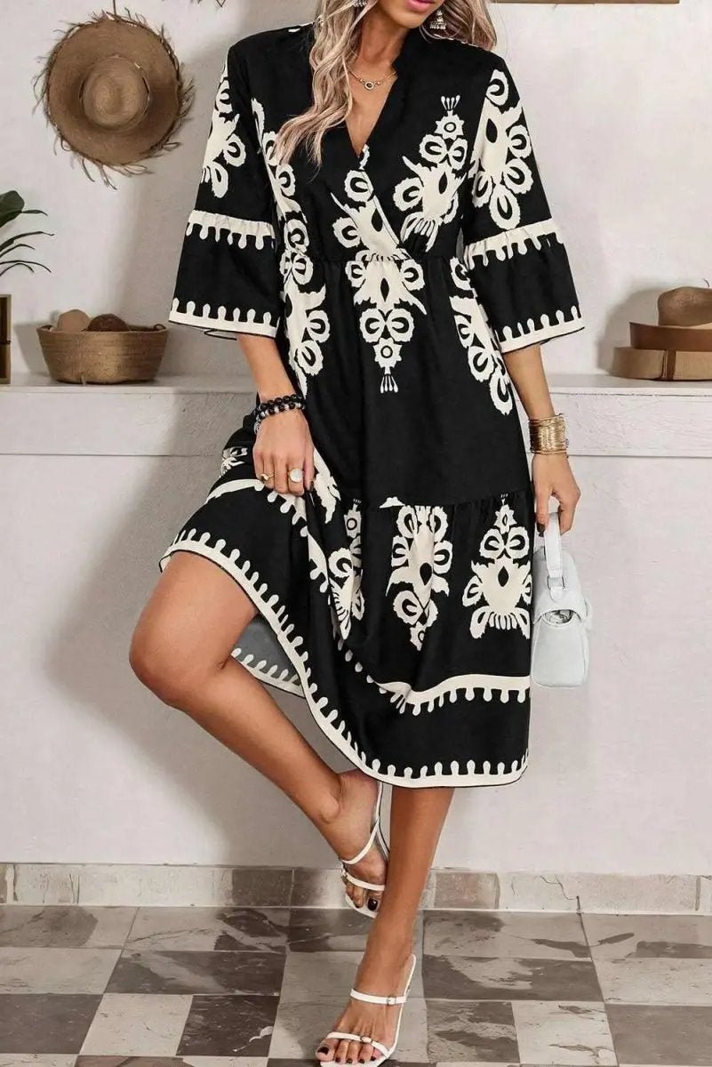 Black Western Geometric Print 3/4 Sleeve Loose Midi Dress - Love Salve